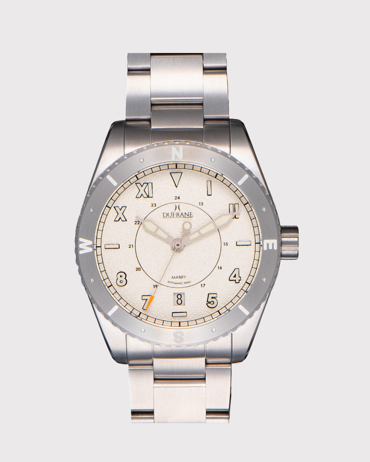 Silver watch with a white face on a light gray background