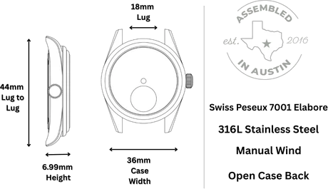 Westlake case diagram: 36mm case width, 44mm lug to lug, 6.99mm height, 18mm lug width.